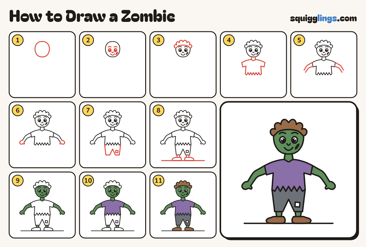 How to Draw a Zombie step by step: all 11 steps in one picture
