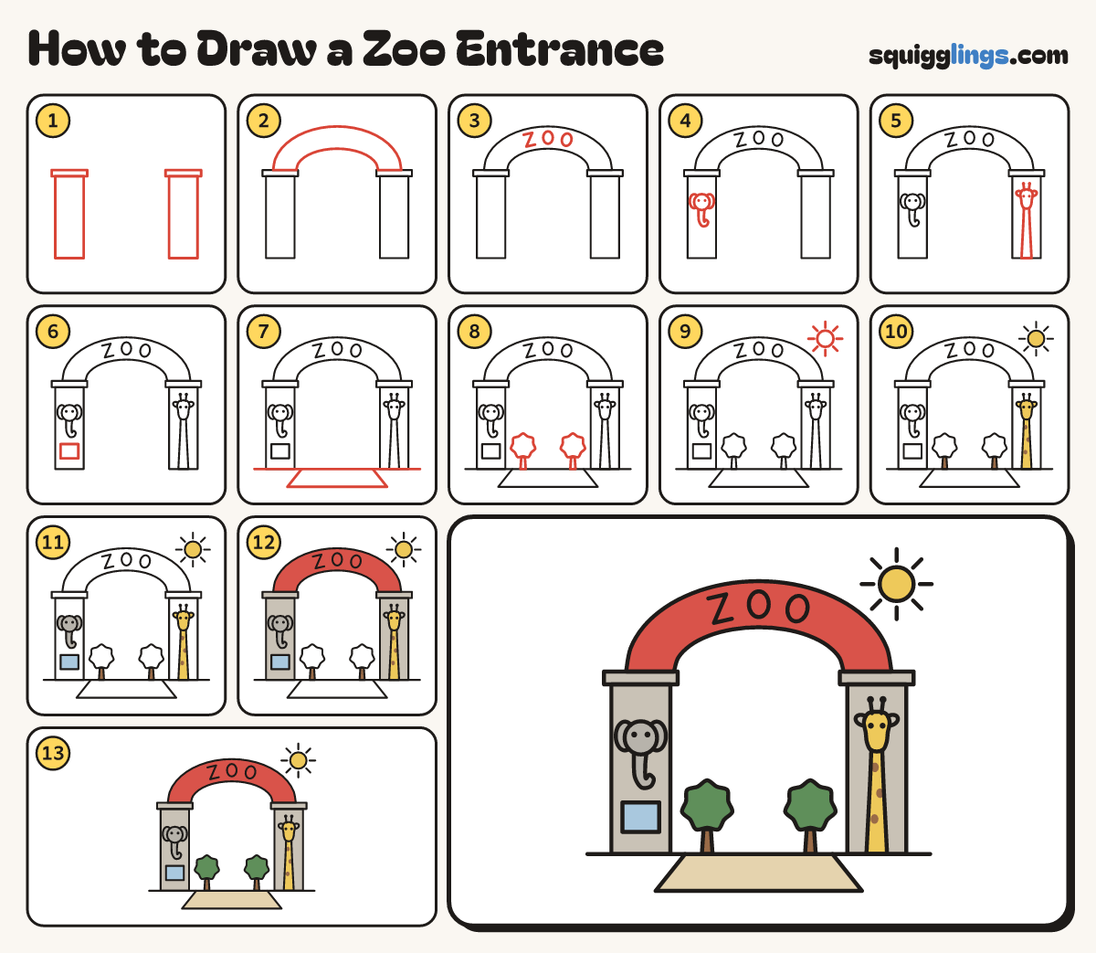 How to Draw a Zoo Entrance step by step: all 13 steps in one picture