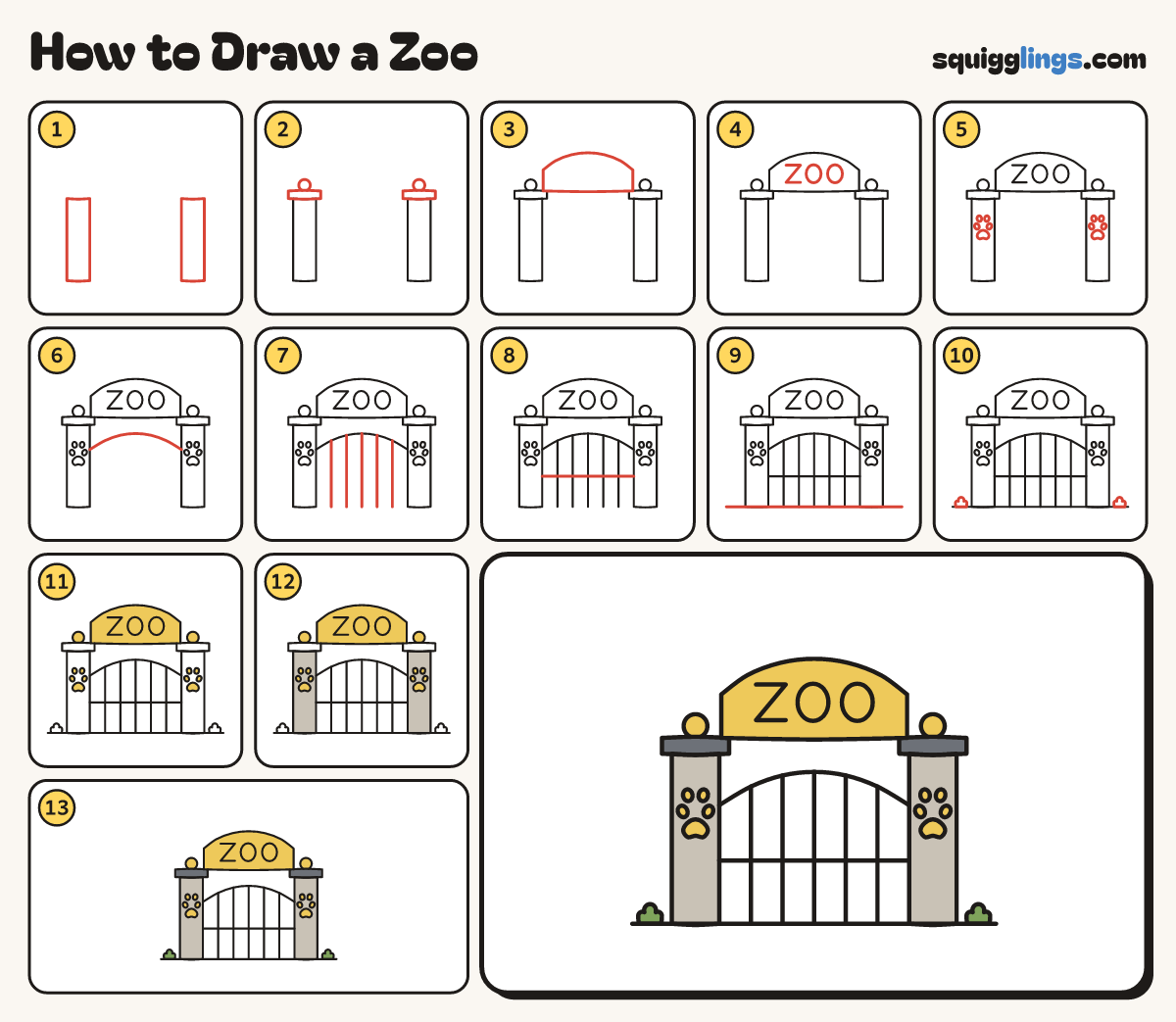 How to Draw a Zoo step by step: all 13 steps in one picture