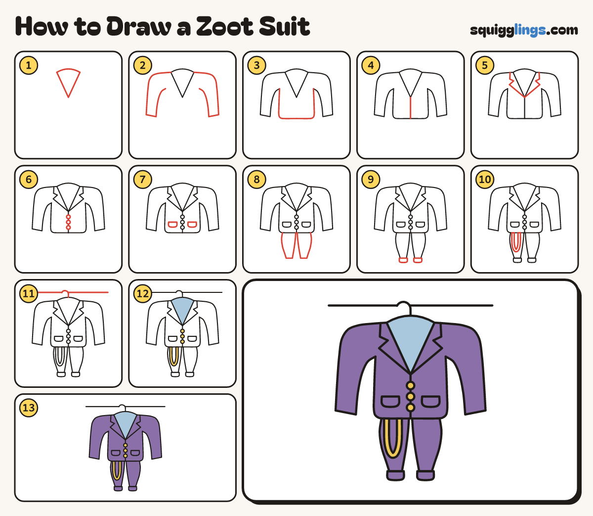 How to Draw a Zoot Suit step by step: all 13 steps in one picture